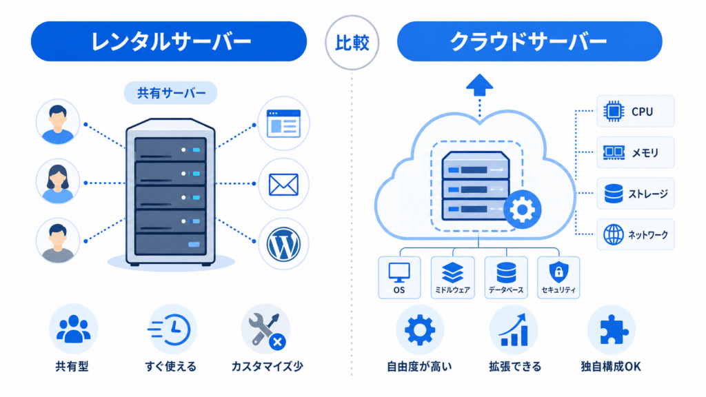 レンタルサーバーとクラウドサーバーの違いを図解