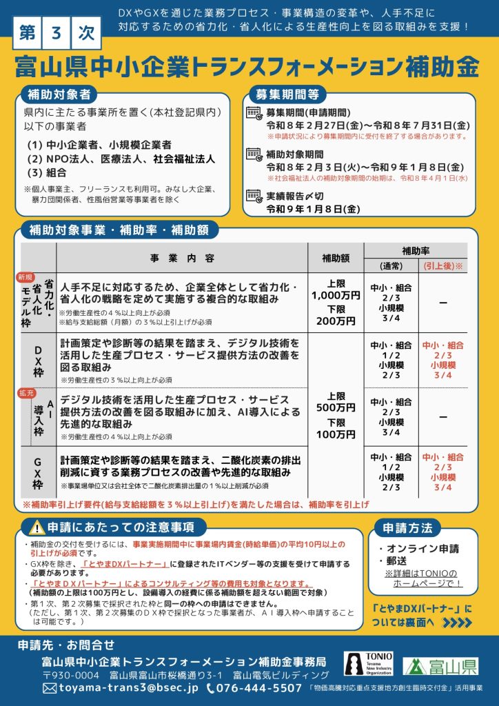 第３次　富山県中小企業トランスフォーメーション補助金